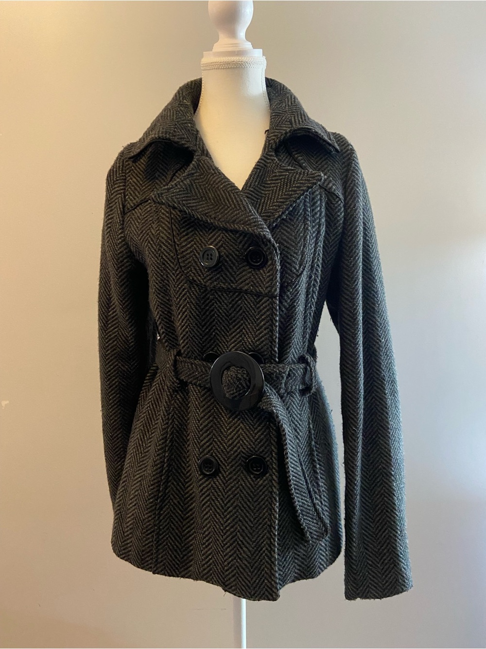 Costa Blanca Charcoal Herringbone Peacoat with Belt
